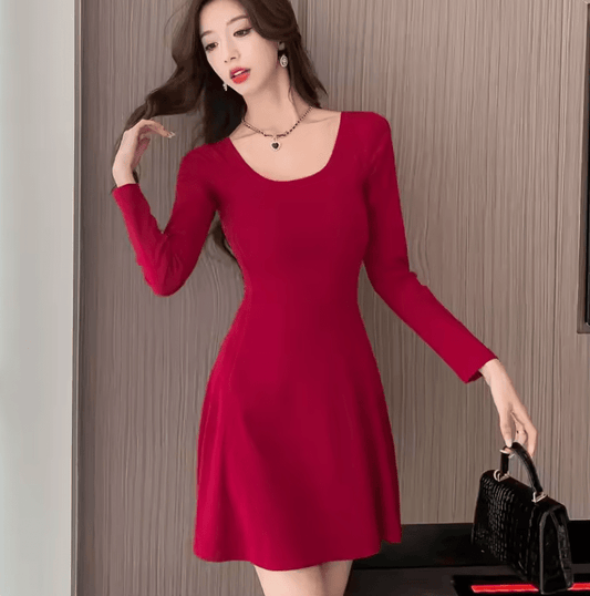 Women’s Slim Fit A-Line Mini Dress – Hebe Style, U-Neck, Long Sleeve, High Waist Black Dress for Sexy & Elegant Looks
