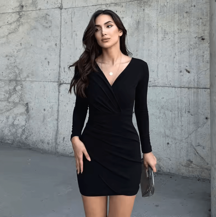 Women’s Sexy Black V-Neck Mini Dress – Long Sleeve Autumn Streetwear with Ruched Detail | Casual Slim Fit Elegant Fall Fashion