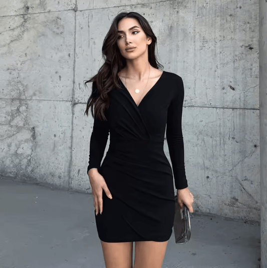Women’s Sexy Black V-Neck Mini Dress – Long Sleeve Autumn Streetwear with Ruched Detail | Casual Slim Fit Elegant Fall Fashion