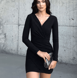 Women’s Sexy Black V-Neck Mini Dress – Long Sleeve Autumn Streetwear with Ruched Detail | Casual Slim Fit Elegant Fall Fashion
