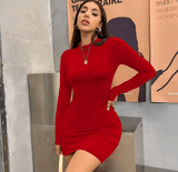 Women’s Slim Fit Long Sleeve Bodycon Mini Dress – Turtleneck, Ruched Pleated Solid Color Party Dress | Sexy Short Evening Clubwear Outfit