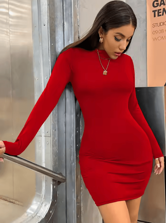 Women’s Slim Fit Long Sleeve Bodycon Mini Dress – Turtleneck, Ruched Pleated Solid Color Party Dress | Sexy Short Evening Clubwear Outfit