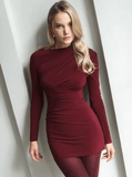 Women’s Sexy Slant Neck Mini Dress – Long Sleeve Bodycon Bag Hip Dress with Ruched Detail | 2025 Autumn Fashion Solid Color Basic for Trendy Girls