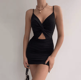 Women’s Sexy Hollow Out V-Neck Halter Dress – 2025 Ruched Mini Skirt Bodycon Style | New Fashion Sleeveless Party Outfit