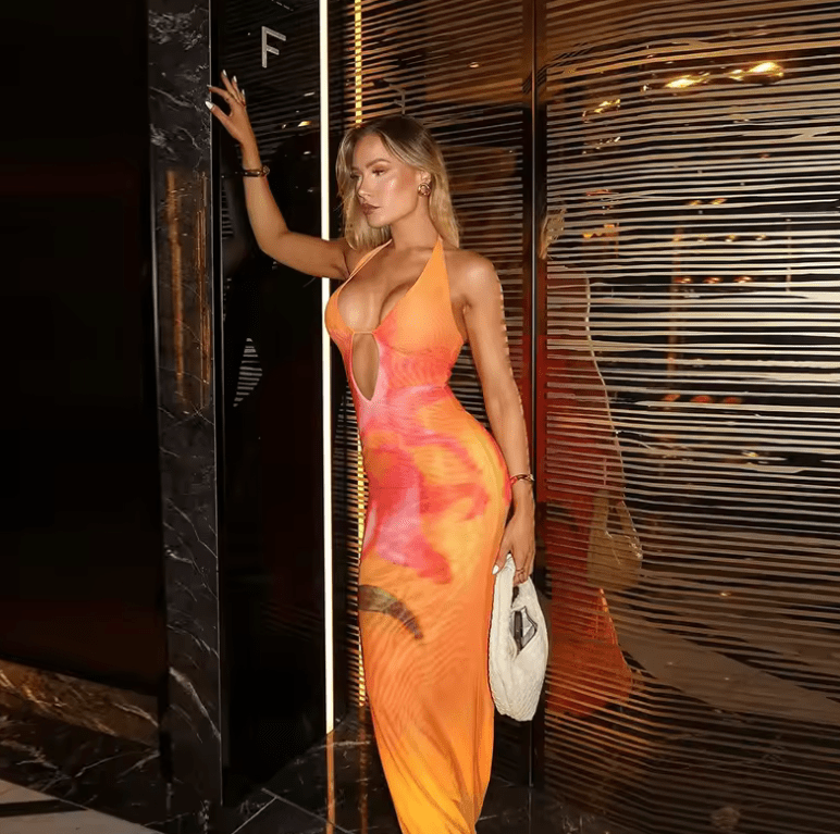 Women’s 2025 Printed Cut-Out Slim Fit Dress – Sleeveless Backless Bodycon Flower Print Wrap Hip Midi Dress | Elegant Plant-Inspired Evening Look