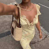 Women’s Sexy Floral Print Summer Dress – Sleeveless Backless Slim Fit Low-Cut Sling Dress | 2025 Beach Vacation Sundress Vestido