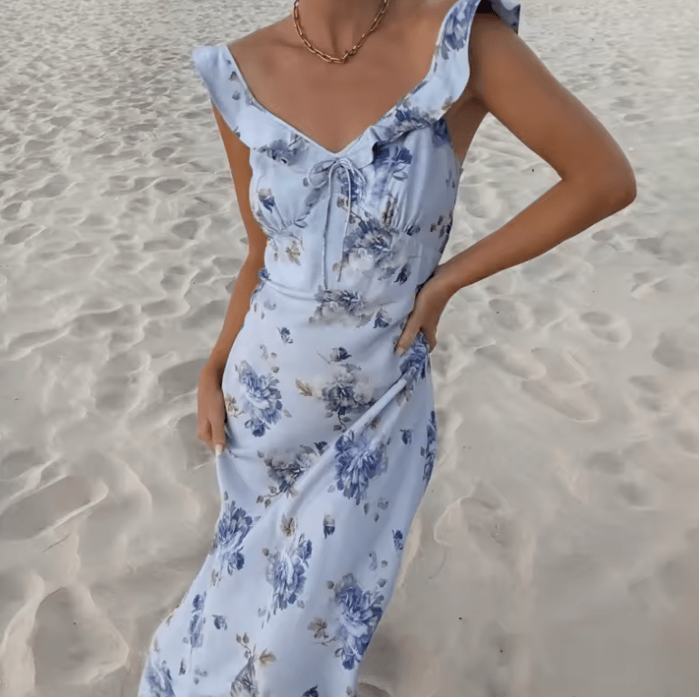 Women’s Sexy Floral Print Summer Dress – Sleeveless Backless Slim Fit Low-Cut Sling Dress | 2025 Beach Vacation Sundress Vestido