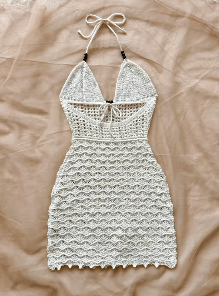 Soleia Summer Sexy V-Neck Ombre Knit Dress – Hollow-Out Backless Dress with Wooden Beads & Spaghetti Straps – Vacation-Ready Slim Fit Beach Dress