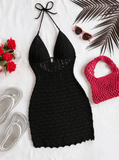Soleia Summer Sexy V-Neck Ombre Knit Dress – Hollow-Out Backless Dress with Wooden Beads & Spaghetti Straps – Vacation-Ready Slim Fit Beach Dress