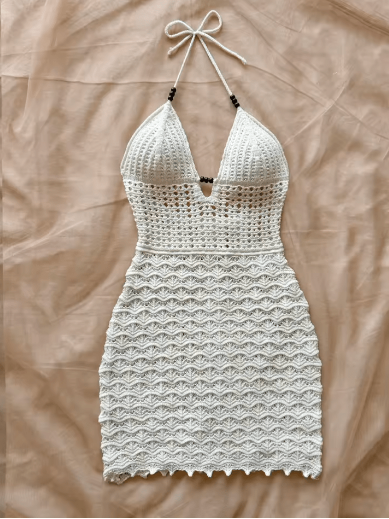 Soleia Summer Sexy V-Neck Ombre Knit Dress – Hollow-Out Backless Dress with Wooden Beads & Spaghetti Straps – Vacation-Ready Slim Fit Beach Dress