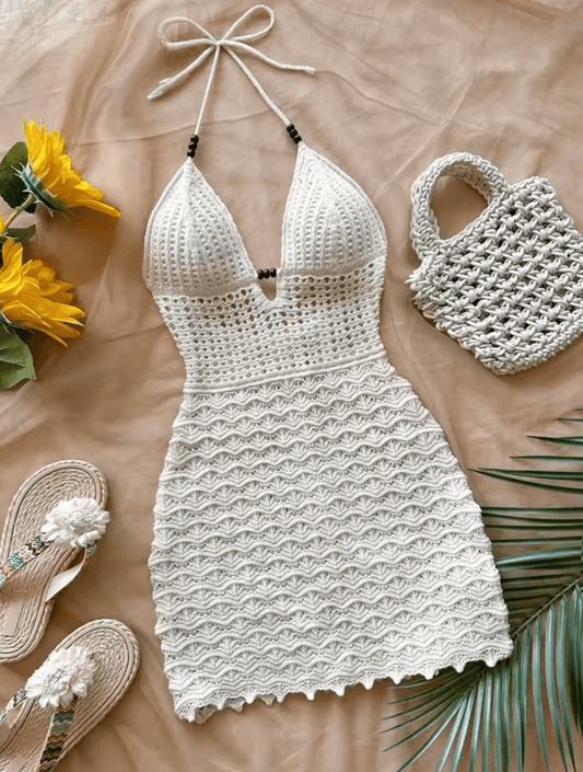 Soleia Summer Sexy V-Neck Ombre Knit Dress – Hollow-Out Backless Dress with Wooden Beads & Spaghetti Straps – Vacation-Ready Slim Fit Beach Dress