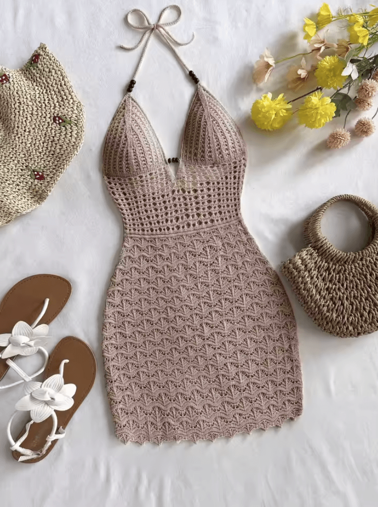 Soleia Summer Sexy V-Neck Ombre Knit Dress – Hollow-Out Backless Dress with Wooden Beads & Spaghetti Straps – Vacation-Ready Slim Fit Beach Dress