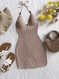 Soleia Summer Sexy V-Neck Ombre Knit Dress – Hollow-Out Backless Dress with Wooden Beads & Spaghetti Straps – Vacation-Ready Slim Fit Beach Dress