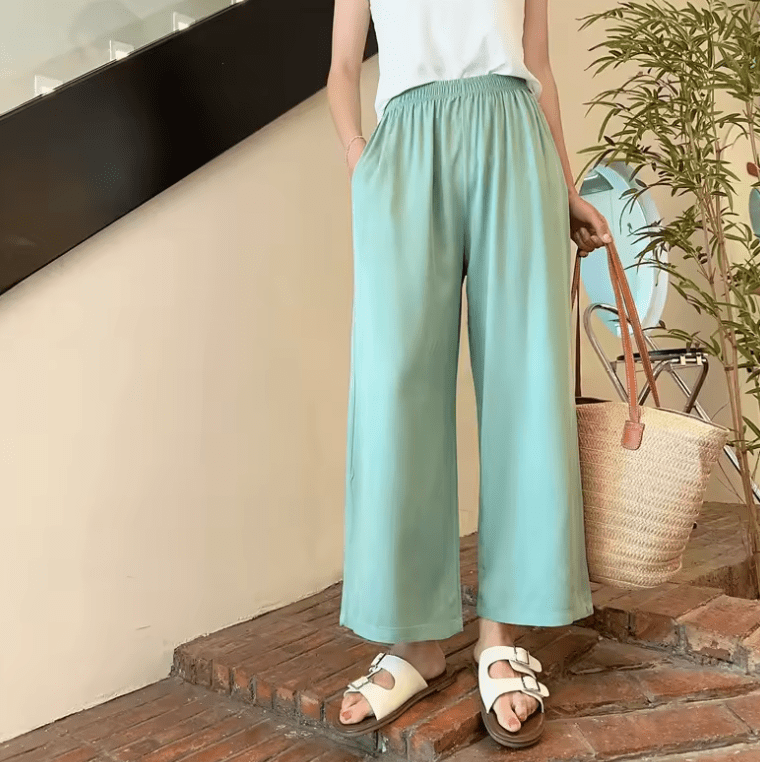 Women’s Loose Straight-Leg Summer Pants – Lightweight Cotton-Silk Blend, 9/10 Length Casual Trousers – Breathable & Relaxed Fit for Warm Weather