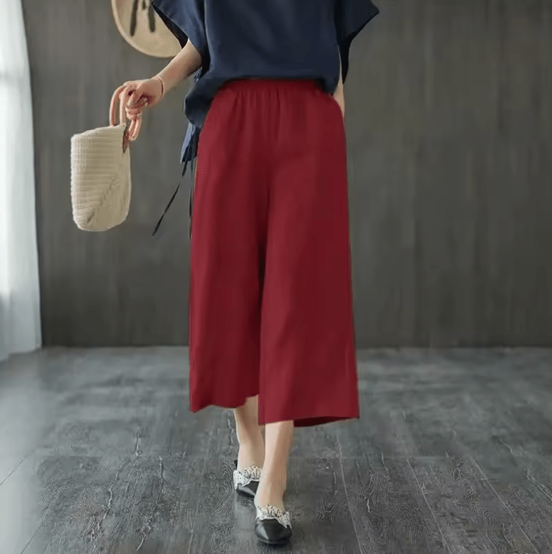 Women’s Cotton Linen Wide-Leg Pants – Korean Style Loose Fit, High Waist with Elastic Band – Lightweight 7/8 Mid-Calf Summer Trousers for Casual Everyday Wear