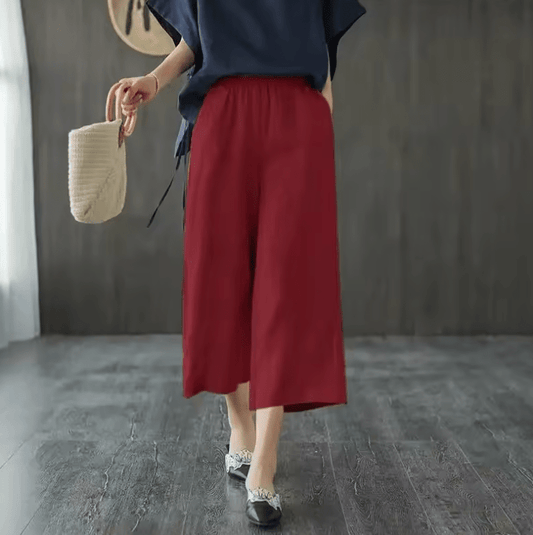 Women’s Cotton Linen Wide-Leg Pants – Korean Style Loose Fit, High Waist with Elastic Band – Lightweight 7/8 Mid-Calf Summer Trousers for Casual Everyday Wear