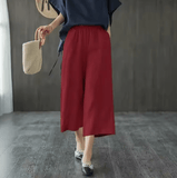 Women’s Cotton Linen Wide-Leg Pants – Korean Style Loose Fit, High Waist with Elastic Band – Lightweight 7/8 Mid-Calf Summer Trousers for Casual Everyday Wear