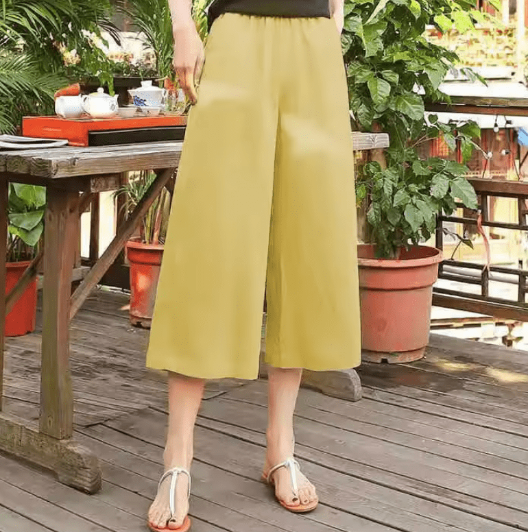 Women’s Cotton Linen Wide-Leg Pants – Korean Style Loose Fit, High Waist with Elastic Band – Lightweight 7/8 Mid-Calf Summer Trousers for Casual Everyday Wear