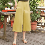 Women’s Cotton Linen Wide-Leg Pants – Korean Style Loose Fit, High Waist with Elastic Band – Lightweight 7/8 Mid-Calf Summer Trousers for Casual Everyday Wear