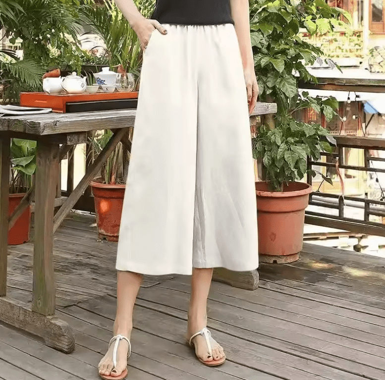 Women’s Cotton Linen Wide-Leg Pants – Korean Style Loose Fit, High Waist with Elastic Band – Lightweight 7/8 Mid-Calf Summer Trousers for Casual Everyday Wear