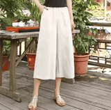 Women’s Cotton Linen Wide-Leg Pants – Korean Style Loose Fit, High Waist with Elastic Band – Lightweight 7/8 Mid-Calf Summer Trousers for Casual Everyday Wear