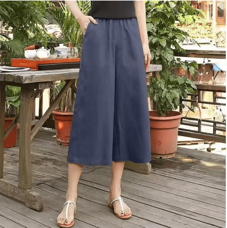 Women’s Cotton Linen Wide-Leg Pants – Korean Style Loose Fit, High Waist with Elastic Band – Lightweight 7/8 Mid-Calf Summer Trousers for Casual Everyday Wear