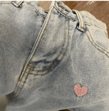 Women’s High Waist Wide-Leg Jeans – Heart Embroidery Baggy Denim Trousers, Retro Streetwear Style, Straight-Leg Sweet Girl Student Look
