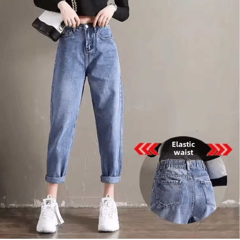 Women’s High Waist Loose Fit Denim Jeans – Autumn Winter Slimming Harlan Carrot Pants, Nine Points Straight Leg Dad Trousers