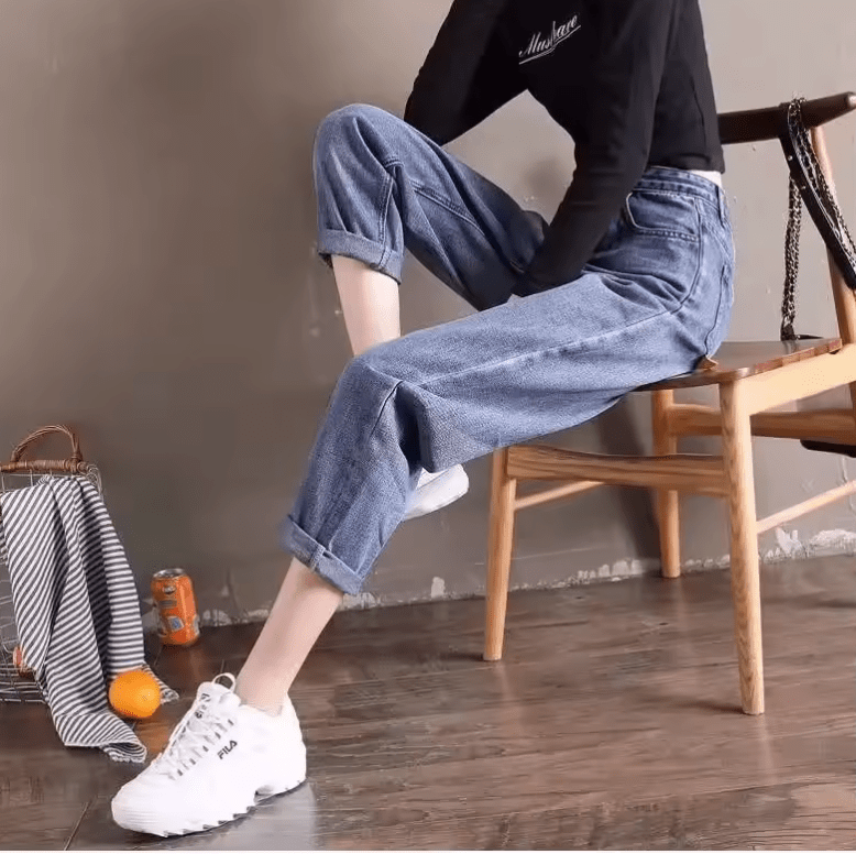 Women’s High Waist Loose Fit Denim Jeans – Autumn Winter Slimming Harlan Carrot Pants, Nine Points Straight Leg Dad Trousers
