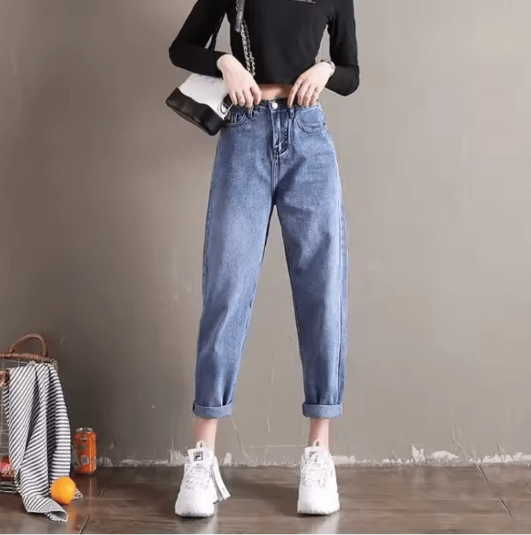 Women’s High Waist Loose Fit Denim Jeans – Autumn Winter Slimming Harlan Carrot Pants, Nine Points Straight Leg Dad Trousers