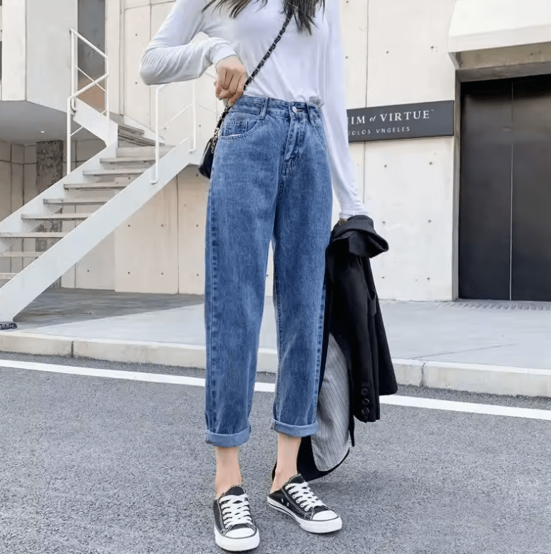 Women’s High Waist Loose Fit Dad Jeans – Autumn Winter Harajuku Carrot Pants, Slimming Straight Leg Denim Trousers