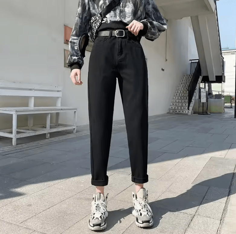Women’s High Waist Loose Fit Dad Jeans – Autumn Winter Harajuku Carrot Pants, Slimming Straight Leg Denim Trousers