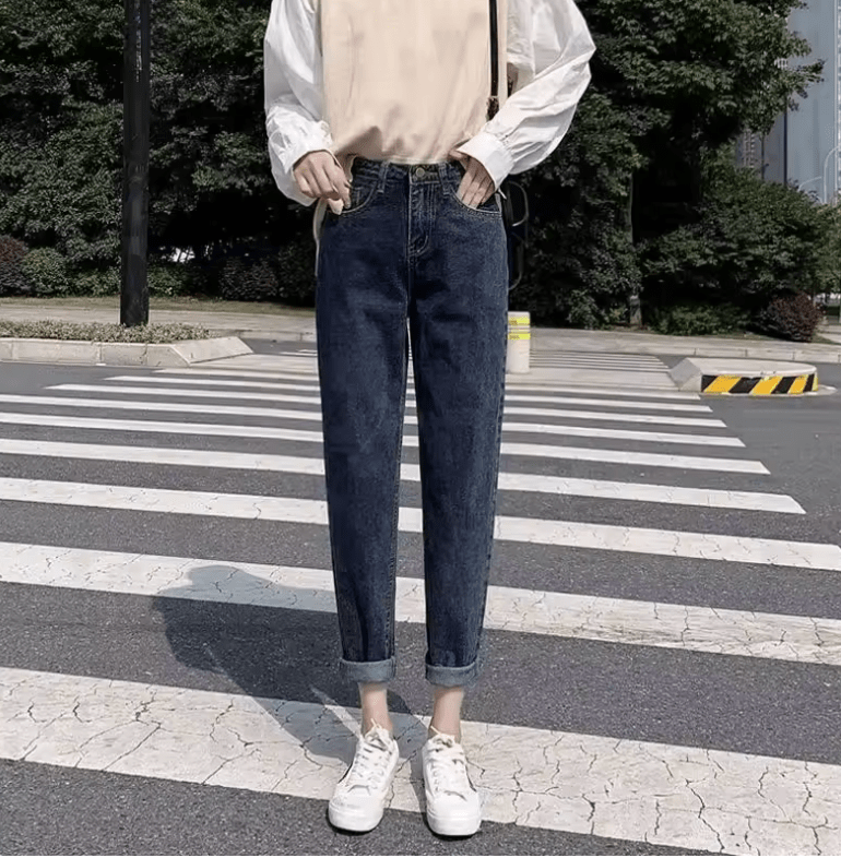 Women’s High Waist Loose Fit Dad Jeans – Autumn Winter Harajuku Carrot Pants, Slimming Straight Leg Denim Trousers