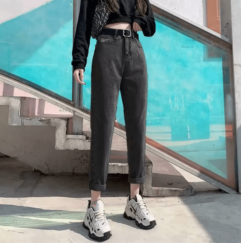 Women’s High Waist Loose Fit Dad Jeans – Autumn Winter Harajuku Carrot Pants, Slimming Straight Leg Denim Trousers