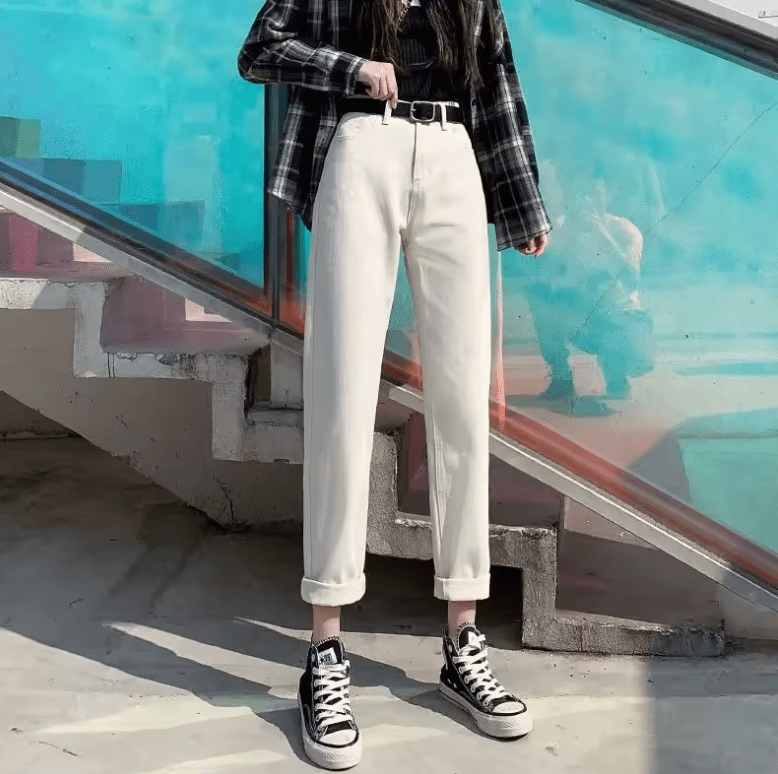 Women’s High Waist Loose Fit Dad Jeans – Autumn Winter Harajuku Carrot Pants, Slimming Straight Leg Denim Trousers