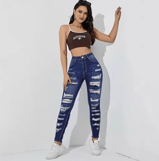 Women’s High Waist Skinny Jeans – High Elastic Denim Pants with Hole & Frayed Hem, Fashion Casual Stretch Trousers