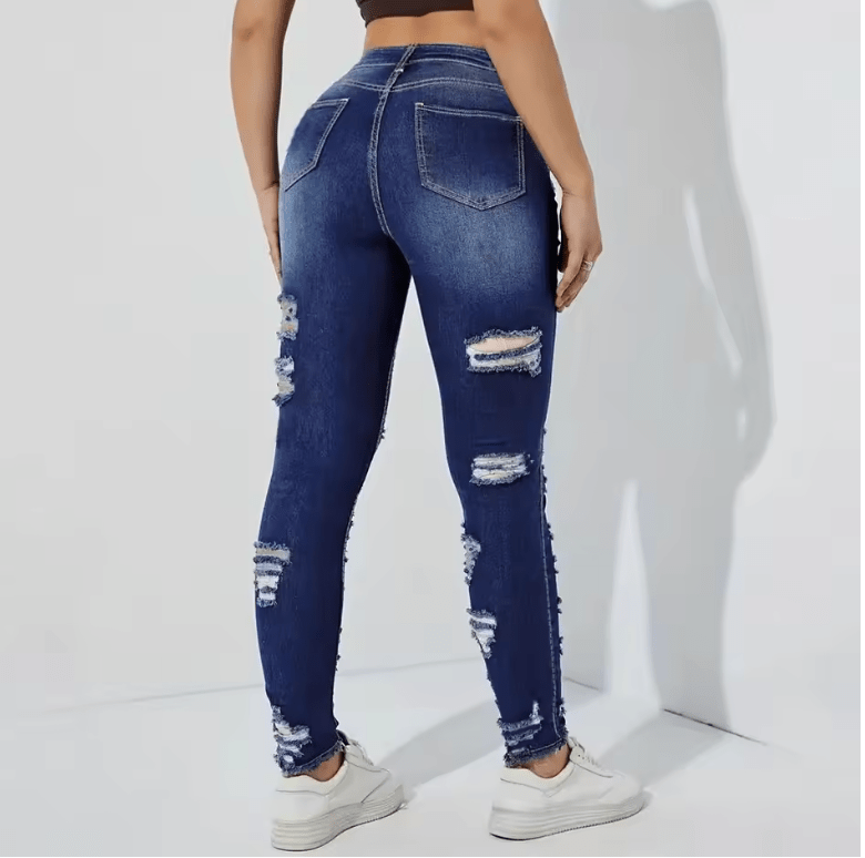 Women’s High Waist Skinny Jeans – High Elastic Denim Pants with Hole & Frayed Hem, Fashion Casual Stretch Trousers
