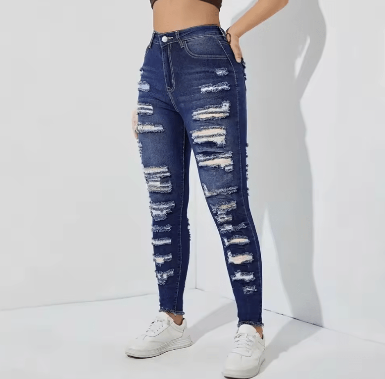 Women’s High Waist Skinny Jeans – High Elastic Denim Pants with Hole & Frayed Hem, Fashion Casual Stretch Trousers