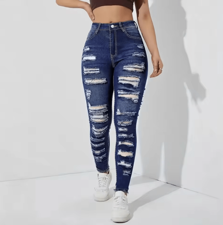 Women’s High Waist Skinny Jeans – High Elastic Denim Pants with Hole & Frayed Hem, Fashion Casual Stretch Trousers