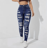 Women’s High Waist Skinny Jeans – High Elastic Denim Pants with Hole & Frayed Hem, Fashion Casual Stretch Trousers