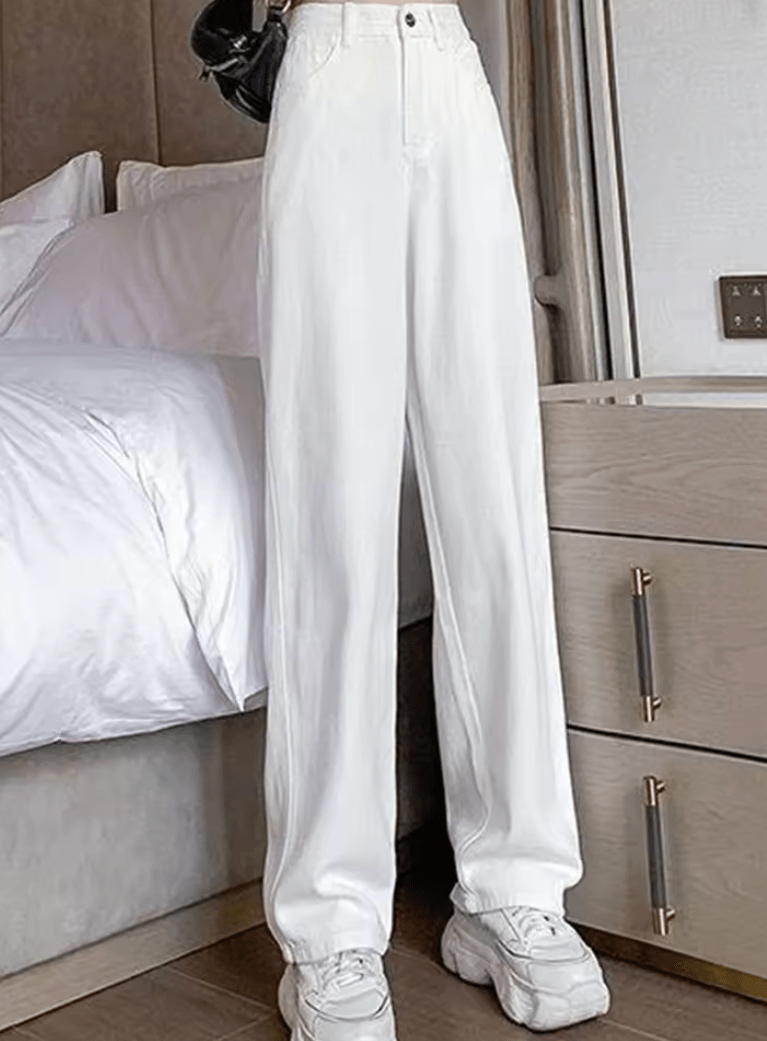 Women’s Spring High Waist Wide Leg Jeans – Loose Fit Korean Street Style White Denim Pants, Baggy Straight Leg Trousers