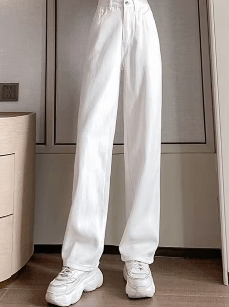 Women’s Spring High Waist Wide Leg Jeans – Loose Fit Korean Street Style White Denim Pants, Baggy Straight Leg Trousers