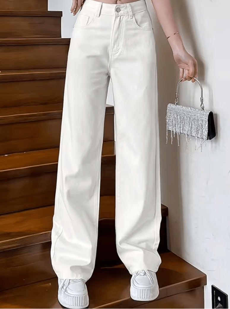 Women’s Spring High Waist Wide Leg Jeans – Loose Fit Korean Street Style White Denim Pants, Baggy Straight Leg Trousers