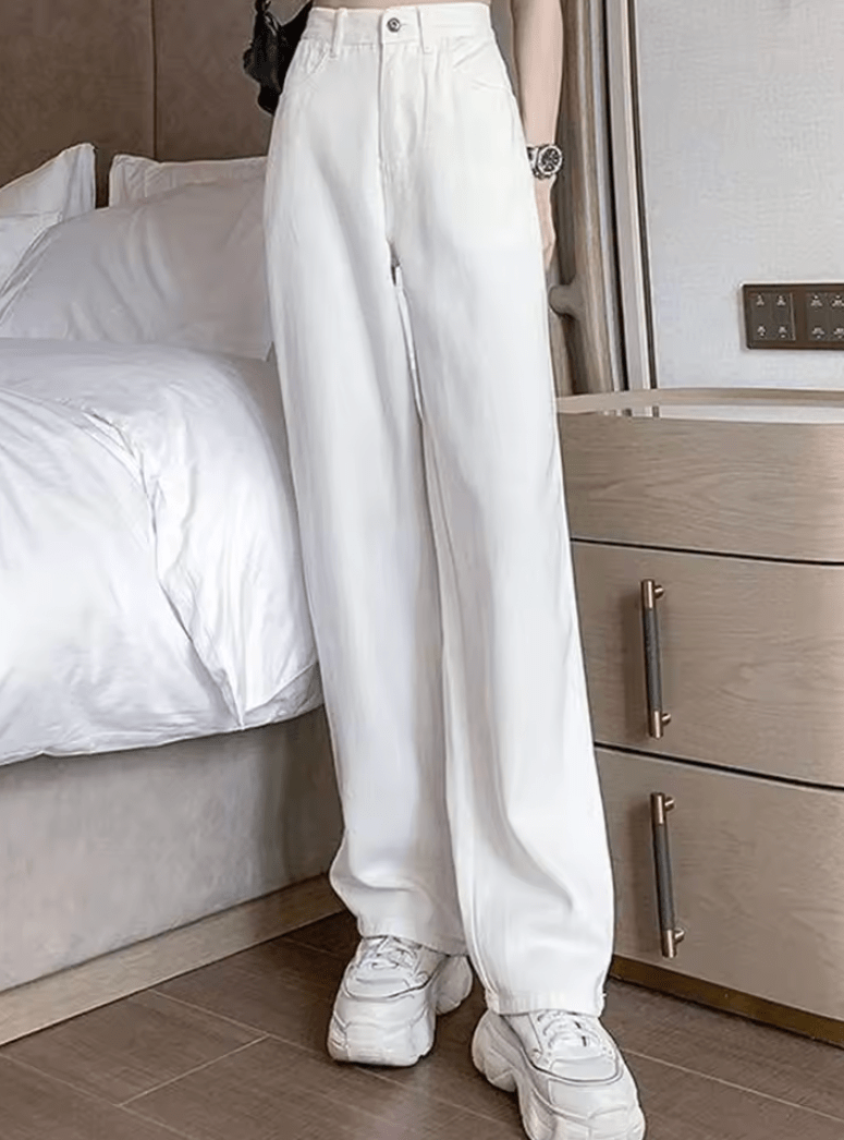 Women’s Spring High Waist Wide Leg Jeans – Loose Fit Korean Street Style White Denim Pants, Baggy Straight Leg Trousers