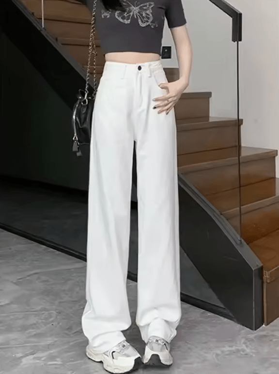 Women’s White Vintage Wide Leg Jeans – High Waist Loose Fit, Slimming Drapey Breathable Straight Floor-Length Denim Pants
