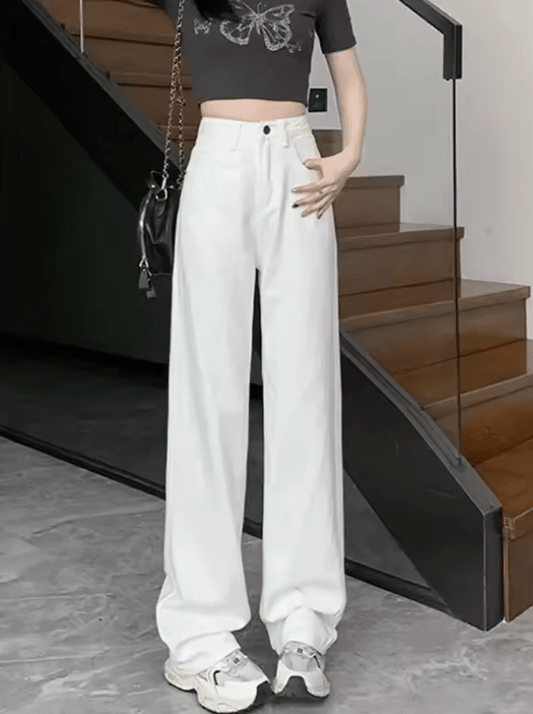 Women’s White Vintage Wide Leg Jeans – High Waist Loose Fit, Slimming Drapey Breathable Straight Floor-Length Denim Pants