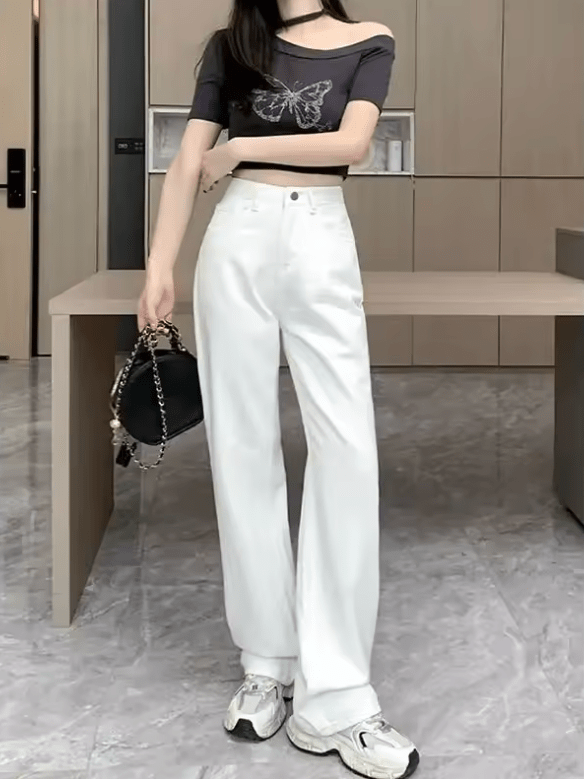 Women’s White Vintage Wide Leg Jeans – High Waist Loose Fit, Slimming Drapey Breathable Straight Floor-Length Denim Pants