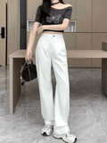 Women’s White Vintage Wide Leg Jeans – High Waist Loose Fit, Slimming Drapey Breathable Straight Floor-Length Denim Pants