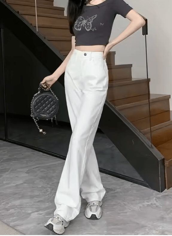 Women’s White Vintage Wide Leg Jeans – High Waist Loose Fit, Slimming Drapey Breathable Straight Floor-Length Denim Pants