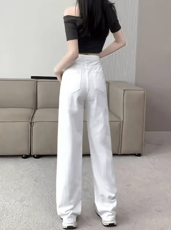 Women’s White Vintage Wide Leg Jeans – High Waist Loose Fit, Slimming Drapey Breathable Straight Floor-Length Denim Pants